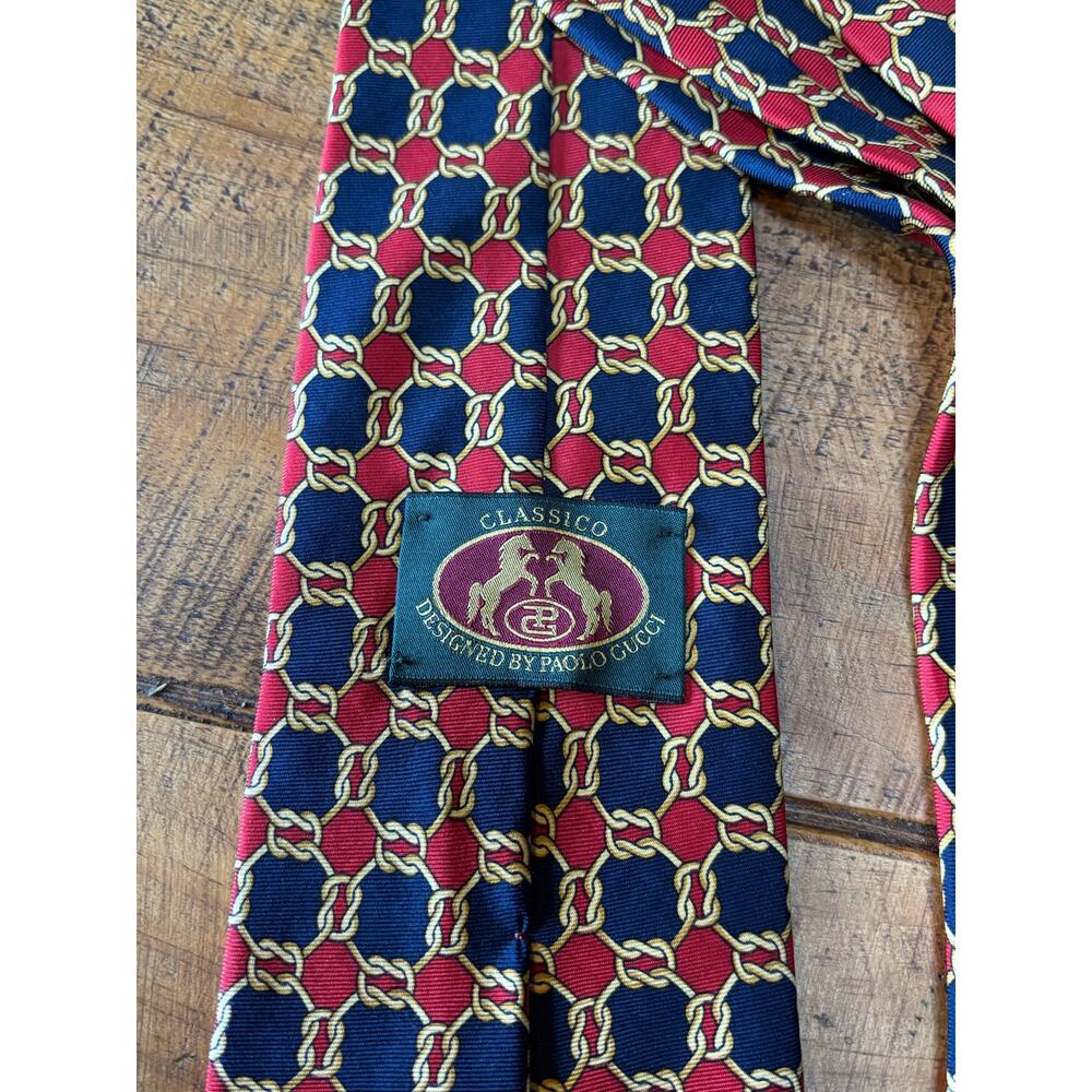 Paolo Gucci‎ Classico 100% Silk Navy Red Geometric Chain-Link Necktie Italy - Picture 5 of 6